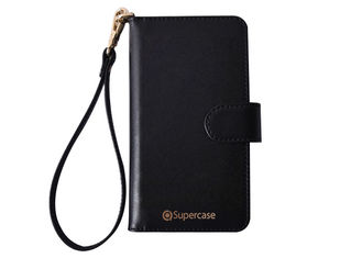 Black Leather Protective Phone Cases , Smartphone Folio Case With Hand Strap