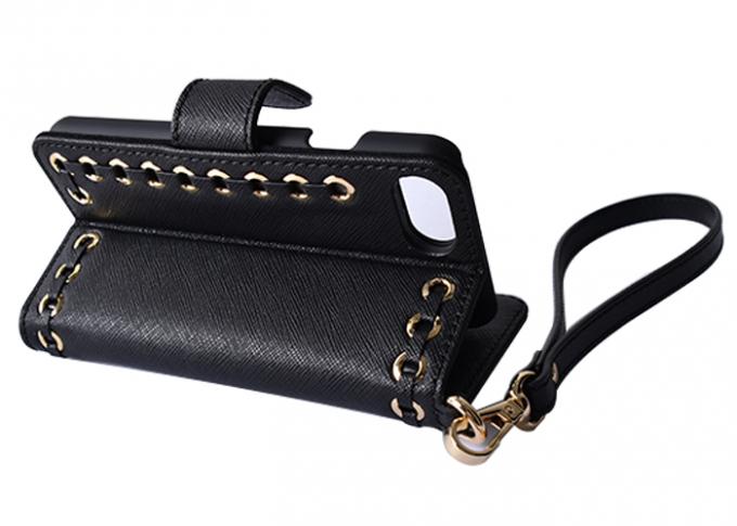 Black Color Leather Mobile Phone Cases , Wallet Leather Phone Case Wifi Charging Compatible