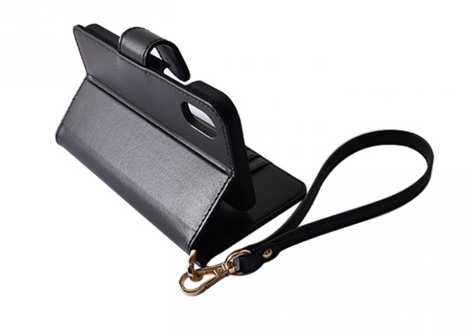 Black Leather Protective Phone Cases , Smartphone Folio Case With Hand Strap